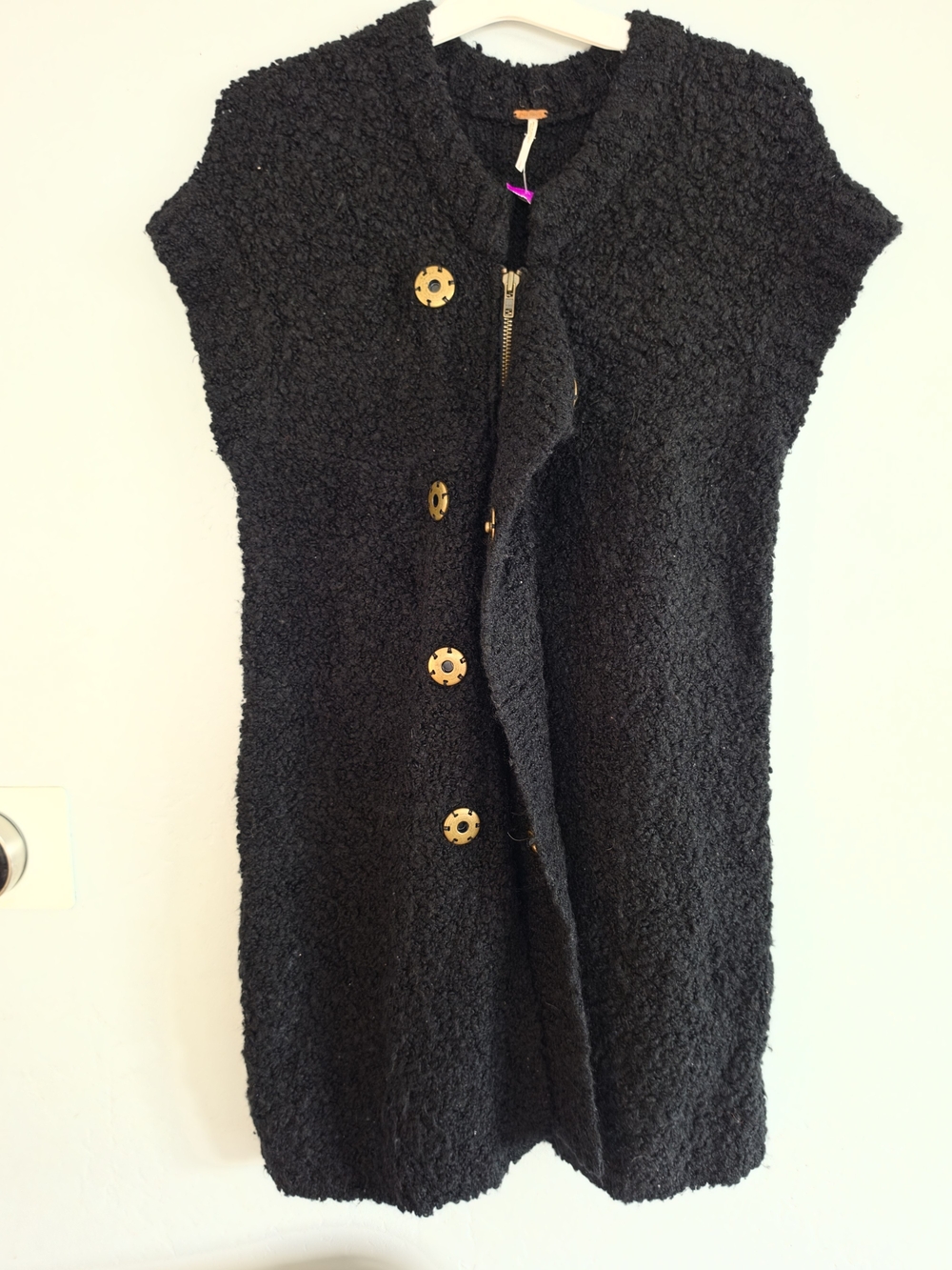 Free People Black Bouclé Short-Sleeve Coat with Gold Buttons